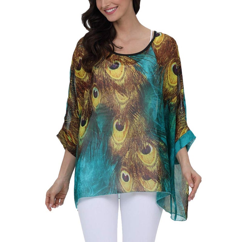 Ckikiou Plus Size Batwing Flowy Semi Sheer Chiffon Blouse Tunic for Women Summer Floral Print Boho Beach Cover ups - Image 1